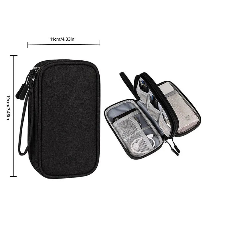 Black portable digital accessory organizer pouch with a strap and an attached clear storage case.