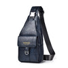 A dark blue men's PU leather belt sling chest bag with a silver buckle and black strap.