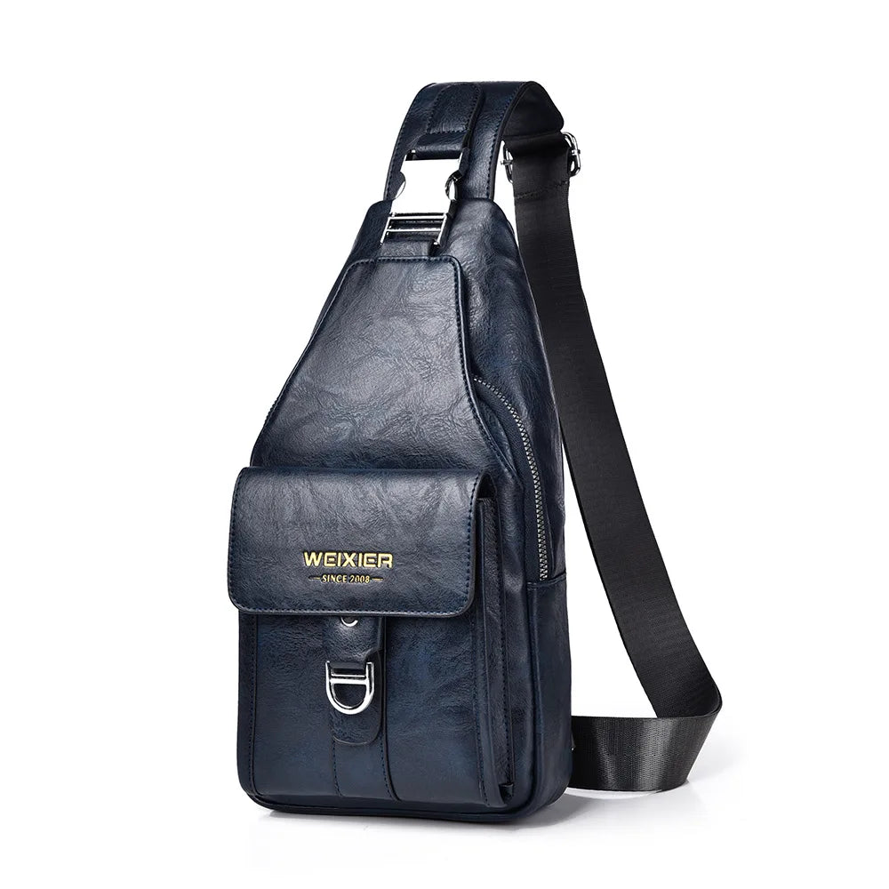 A dark blue men's PU leather belt sling chest bag with a silver buckle and black strap.