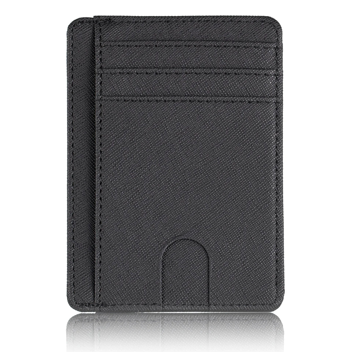 A black slim PU leather card holder wallet shown from the front.