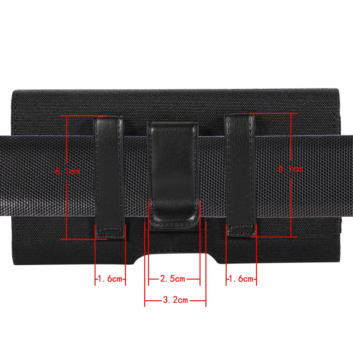 Black universal nylon phone pouch featuring belt clips and various dimensions marked on the product.