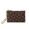 A brown geometric mini coin purse with a textured pattern and a gold chain.