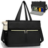 Black insulated laptop lunch tote bag with gold zipper and multiple compartments