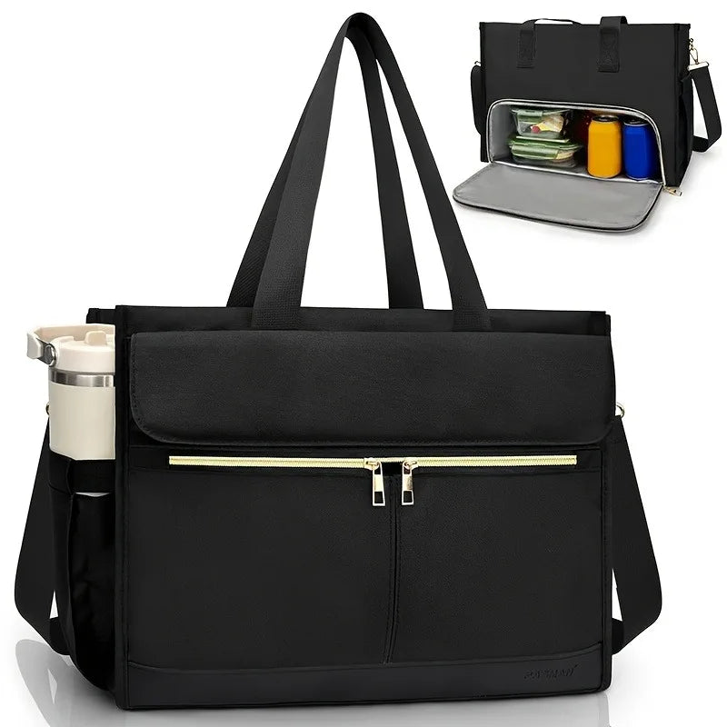 Black insulated laptop lunch tote bag with gold zipper and multiple compartments