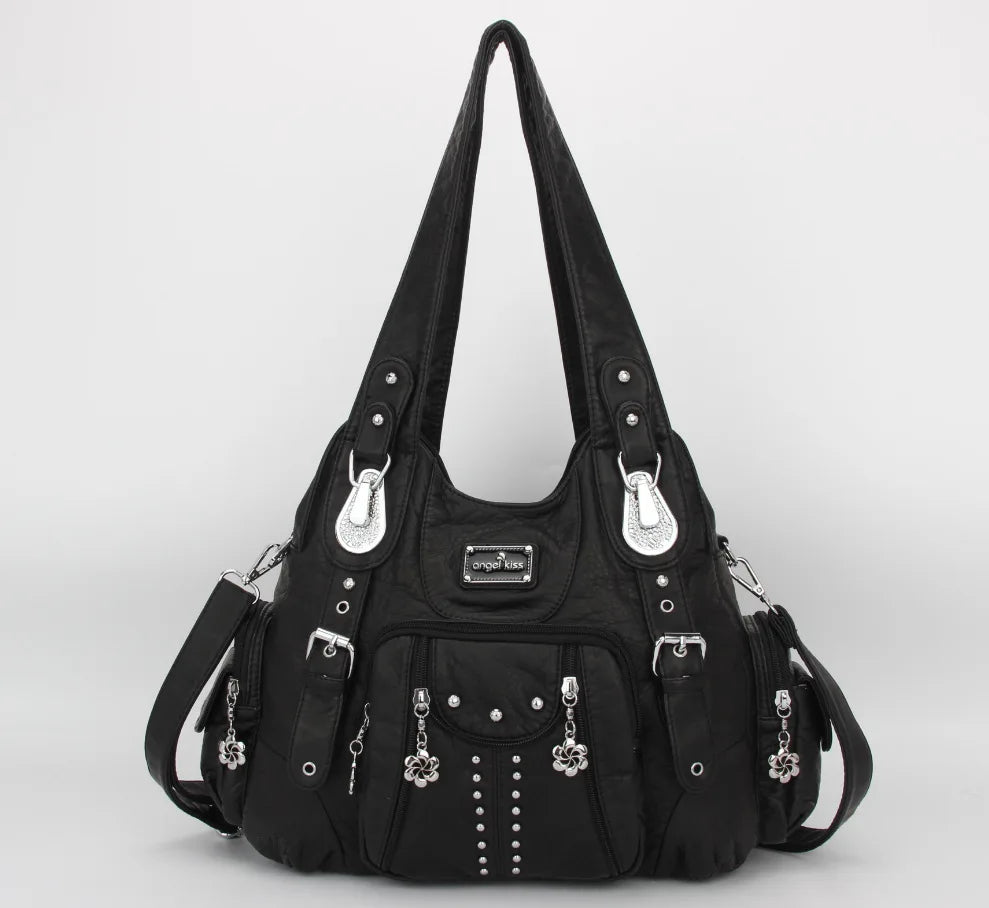 Black vintage PU leather hobo shoulder bag with silver hardware