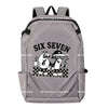 Grauer Rucksack mit Six Seven Design, Sonnenbrille und Bechern.
