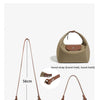 A beige nylon dumpling crossbody shoulder bag shown with various carrying methods including a long strap and a short strap.