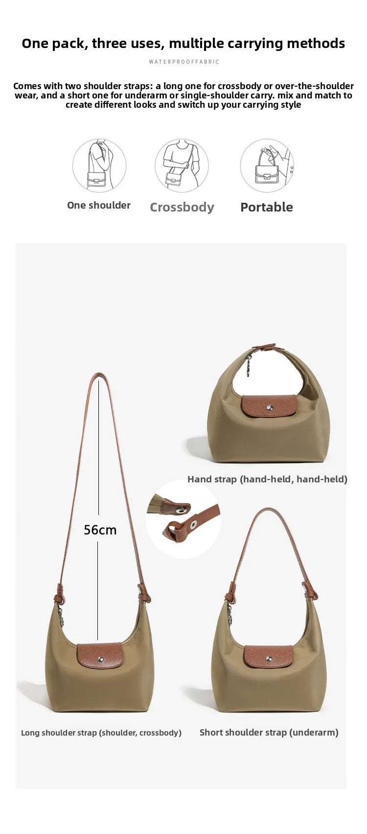 A beige nylon dumpling crossbody shoulder bag shown with various carrying methods including a long strap and a short strap.
