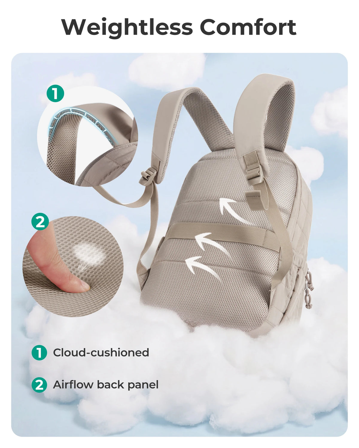 A beige collapsible laptop backpack demonstrating cloud-cushioned and airflow back panel features.