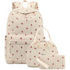 A beige corduroy strawberry backpack set featuring a main backpack and a separate pouch.