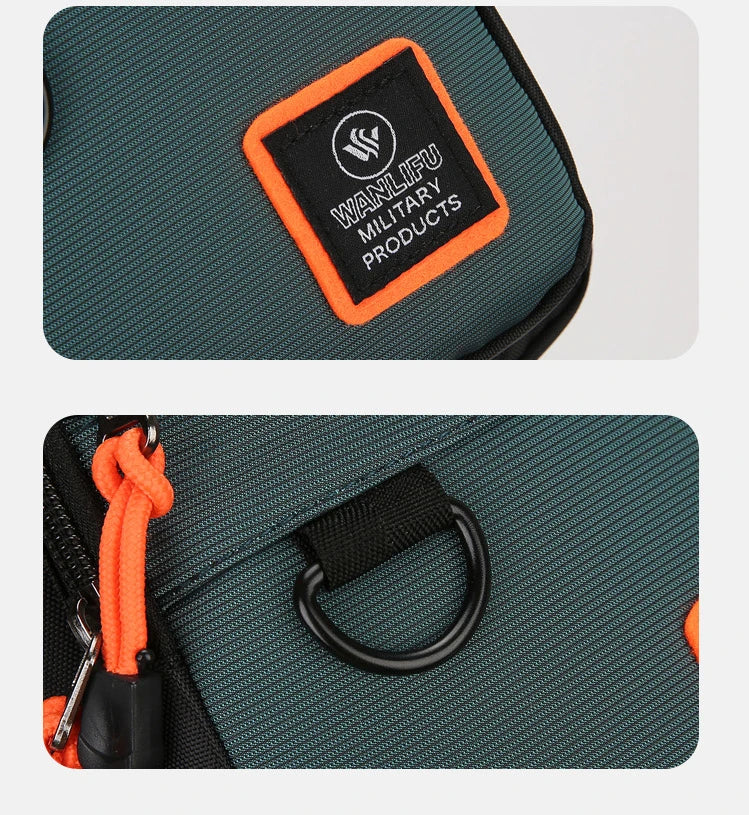 A close-up view of a dark green nylon chest bag featuring an orange tag and black drawstring.