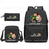 A black backpack featuring Minecraft themed designs, including a pouch and a main compartment.