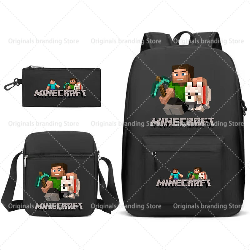 A black backpack featuring Minecraft themed designs, including a pouch and a main compartment.