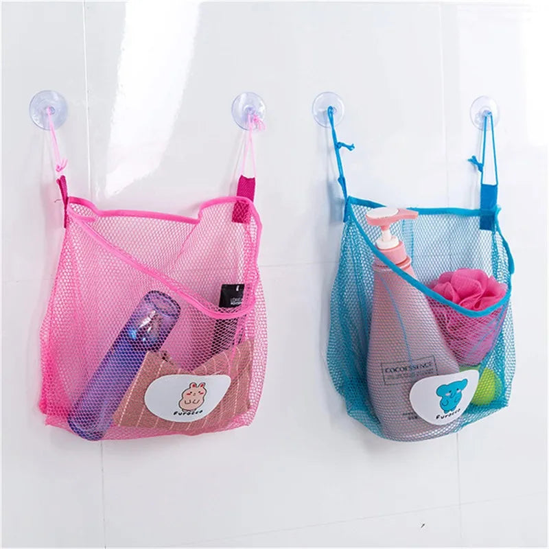 Bolsas de almacenamiento de malla rosa y azul con asas colgantes para juguetes de baño