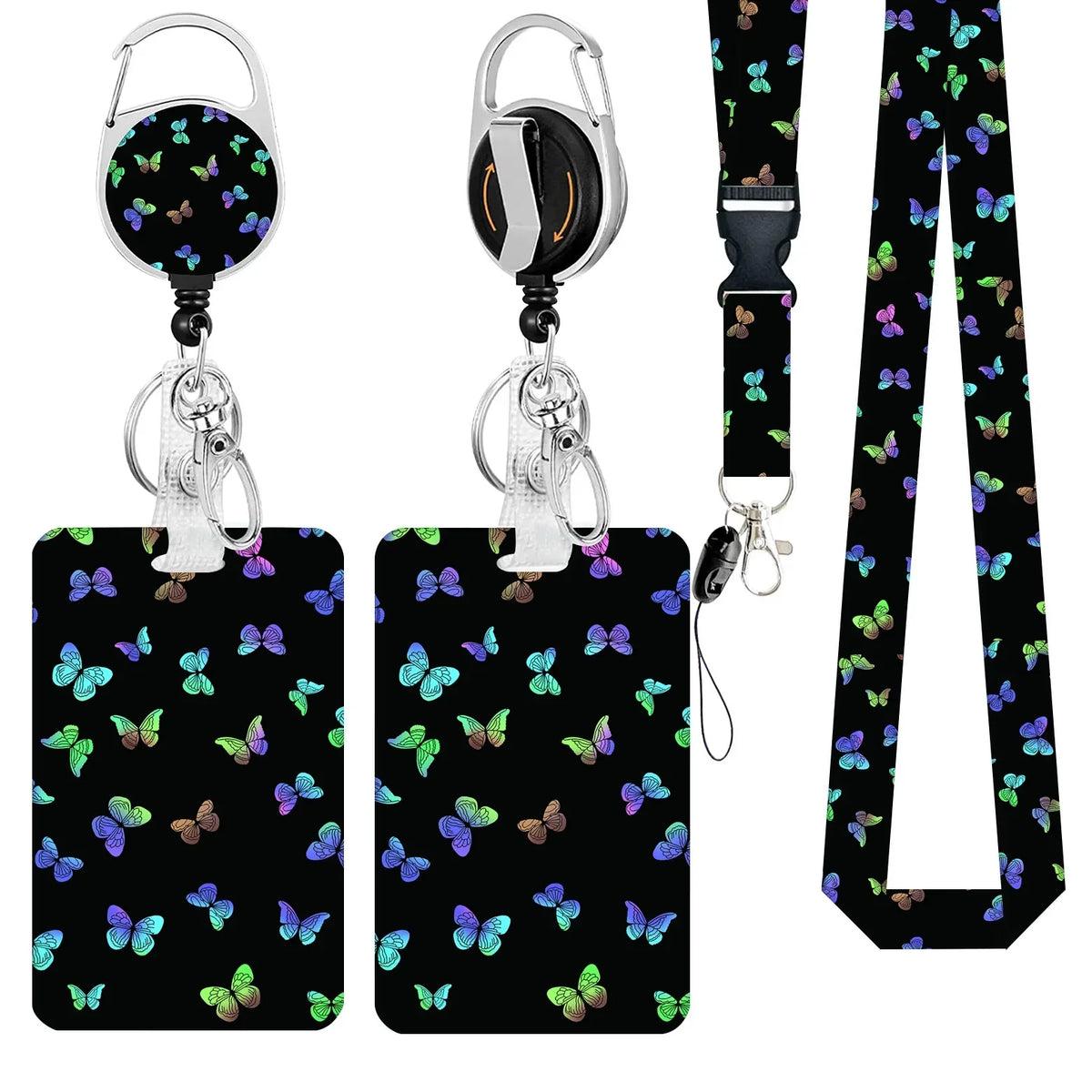 A black badge reel with a silver clip and a purple floral patterned lanyard attached to a neck strap.