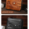 A brown genuine leather wallet is shown on a wooden surface, next to a white object.