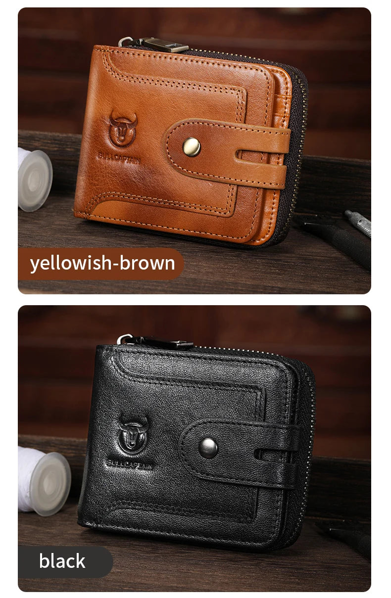 A brown genuine leather wallet is shown on a wooden surface, next to a white object.