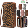 Brown leopard print tri-fold wallet with wrist strap and RFID protection features