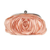 A soft pink rose floral evening clutch bag with a silver chain strap.