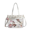A silver Y2K punk goth crossbody bag with a clear mesh front and decorative elements.