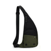 A black and olive green versatile crossbody sling bag with a strap shown against a white background.