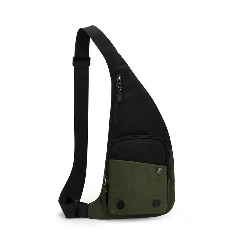 A black and olive green versatile crossbody sling bag with a strap shown against a white background.