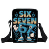 A black backpack featuring the text SIX SEVEN in blue and orange with lightning bolt accents.