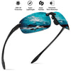 Rimless polarized sports sunglasses with a blue and white mountain pattern shown against a white background
