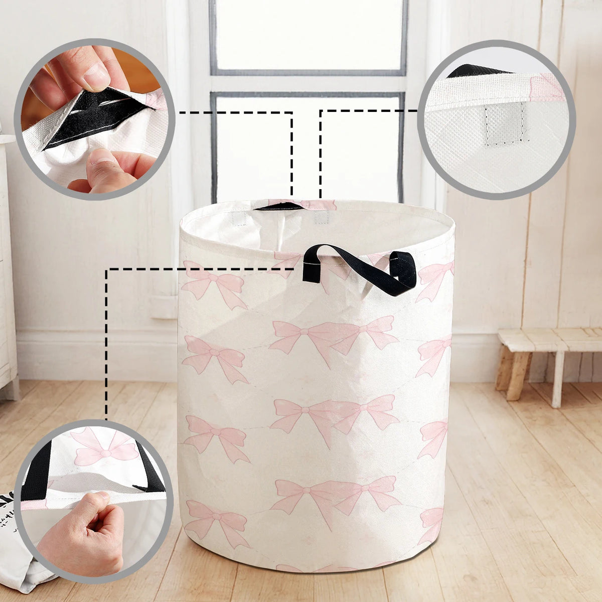 A white fabric storage basket with pink bows is shown, demonstrating its foldable design and mesh lining.