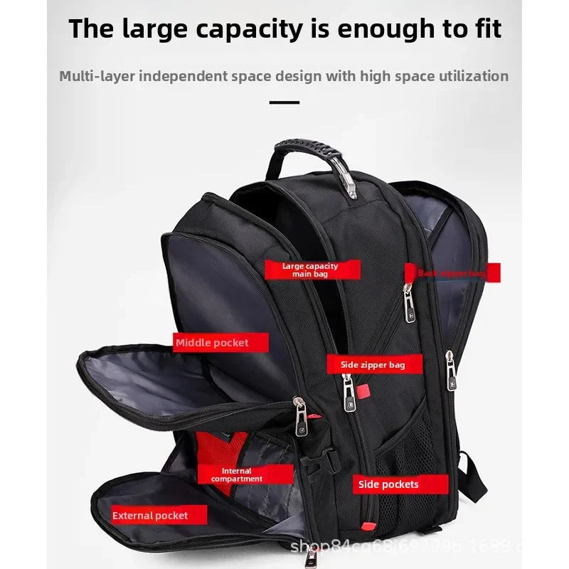Black multi-layer independent space design laptop backpack showing various pockets and compartments
