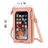 A pink fashion UYHM crossbody cell phone bag with a clear window showing a smartphone.