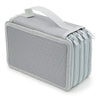 A gray pencil case with a zippered closure and multiple slots for pens and pencils.