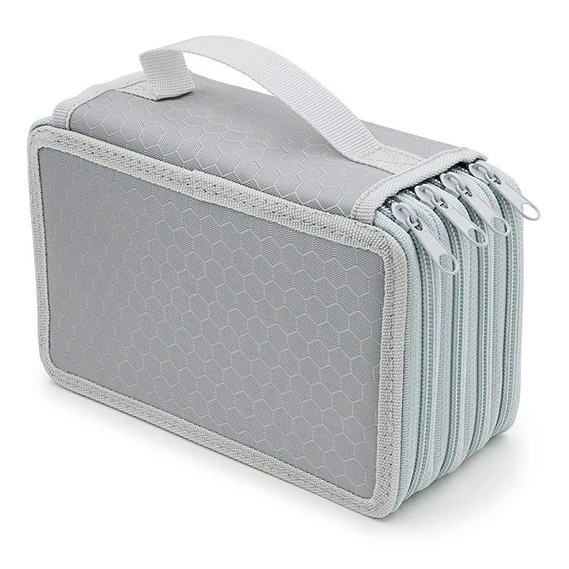 A gray pencil case with a zippered closure and multiple slots for pens and pencils.