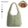 A quilted olive green nylon shoulder bag with an orange lining and a separate pouch shown alongside its folded version.