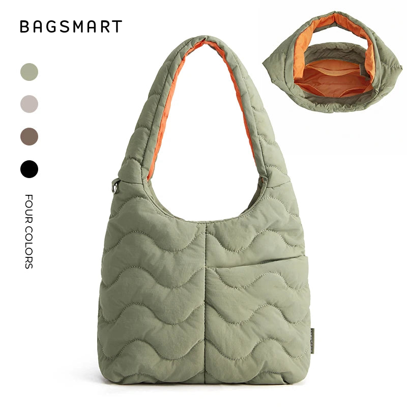A quilted olive green nylon shoulder bag with an orange lining and a separate pouch shown alongside its folded version.
