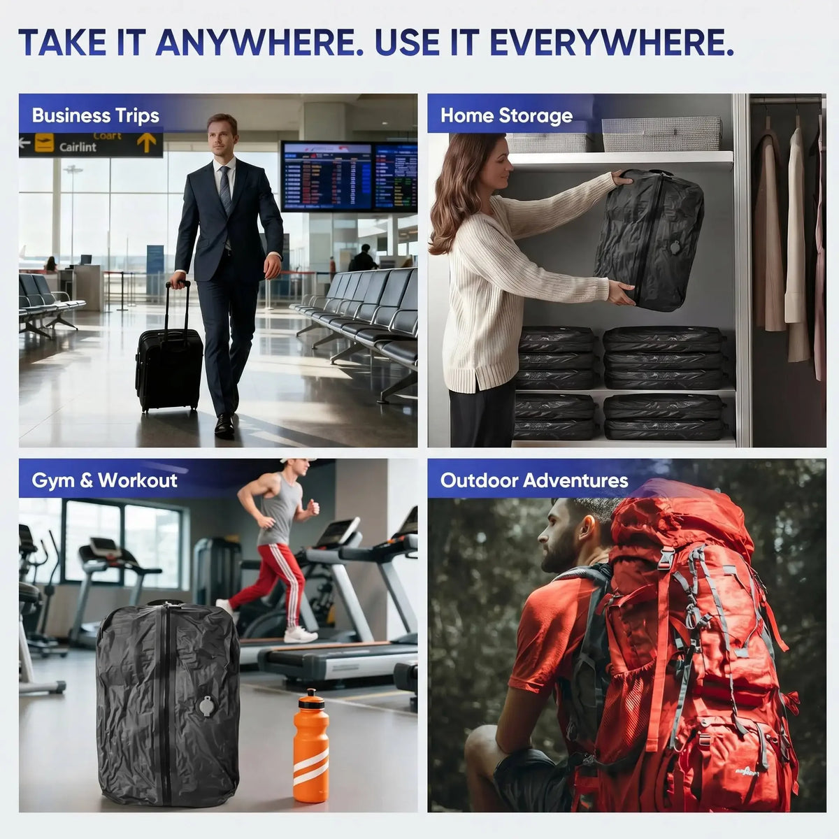 A collection of TPU vacuum storage bags shown in various contexts including business travel, home storage, and outdoor advent