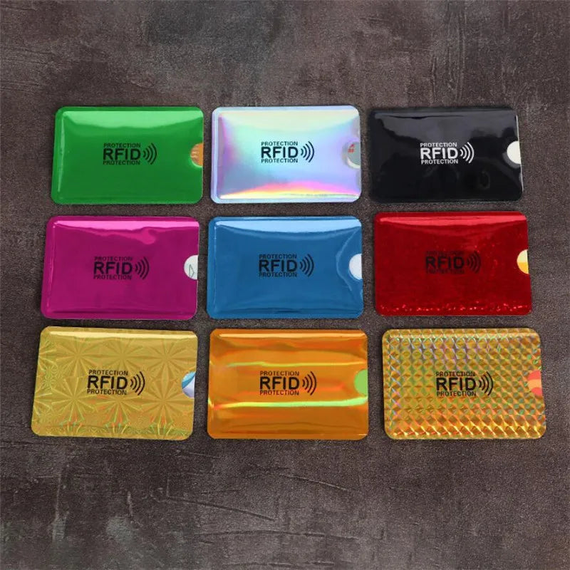 A set of ten anti-RFID blocking card holders in various colors including green, purple, blue, red, and yellow.
