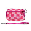Pink checkered zippered wallet with a silver keychain strap