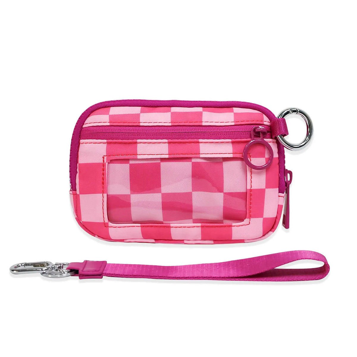 Pink checkered zippered wallet with a silver keychain strap