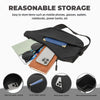 A black women's casual PU chest bag shown with various items like phones, glasses, and wallets stored inside.