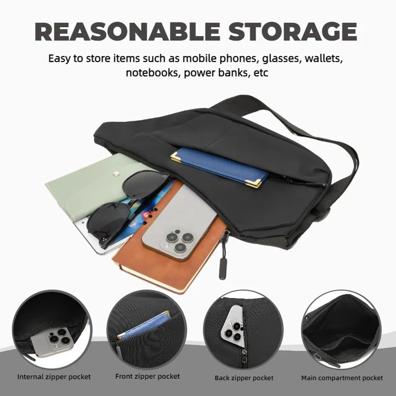 A black women's casual PU chest bag shown with various items like phones, glasses, and wallets stored inside.