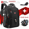 Black Swiss Military style laptop backpack with external USB charging port and red flag accents