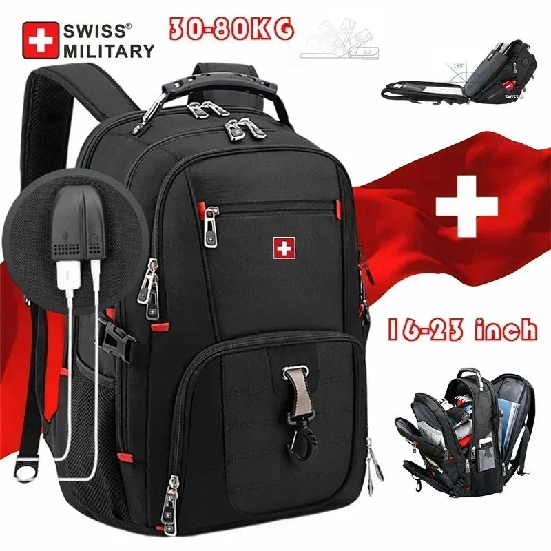 Black Swiss Military style laptop backpack with external USB charging port and red flag accents