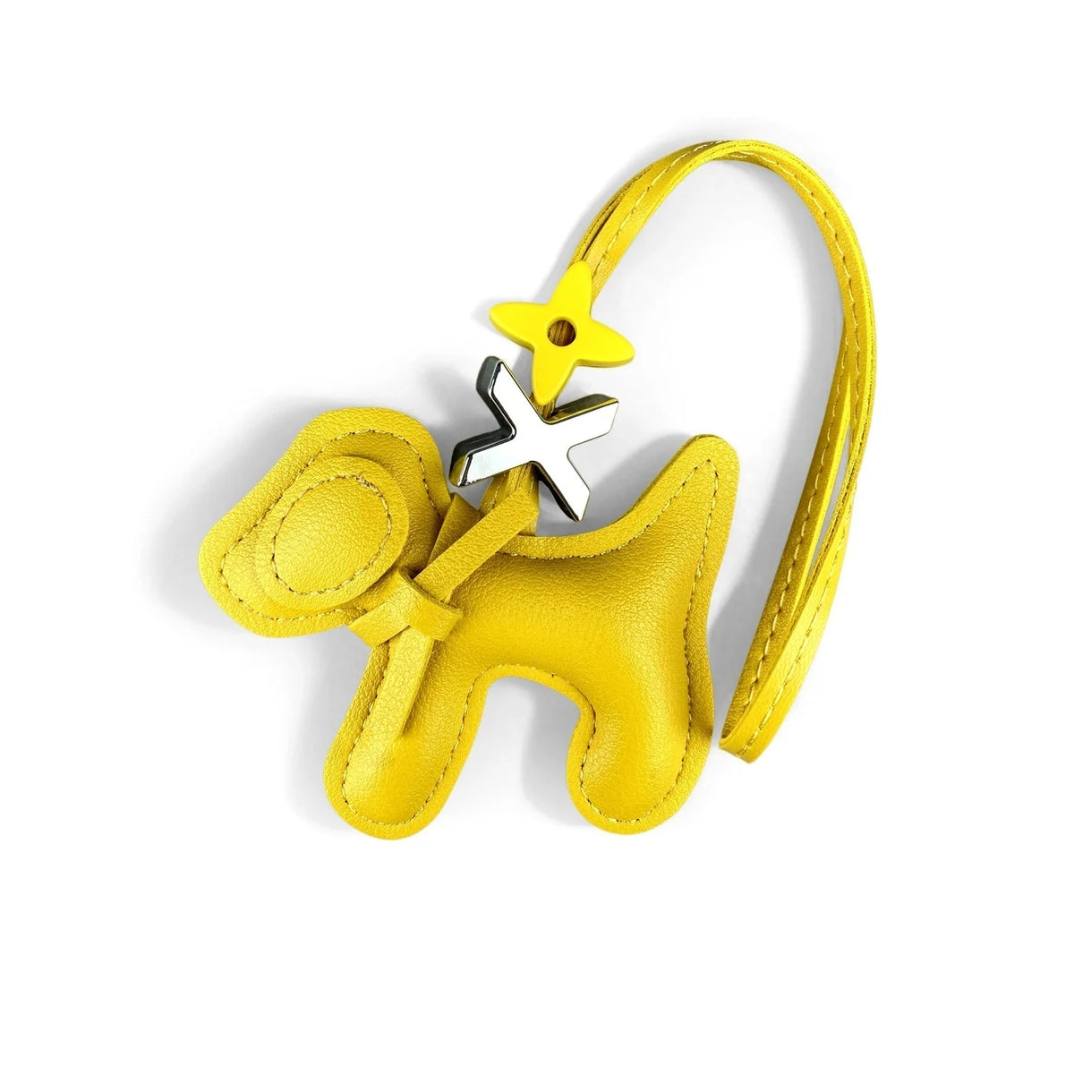 Yellow PU leather puppy bag charm featuring a bow tie and a small yellow star.