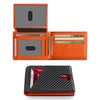 An orange slim bifold wallet with a leather cover and RFID blocking features shown in two views.