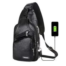 Black men's casual crossbody chest bag with a visible USB charging port.