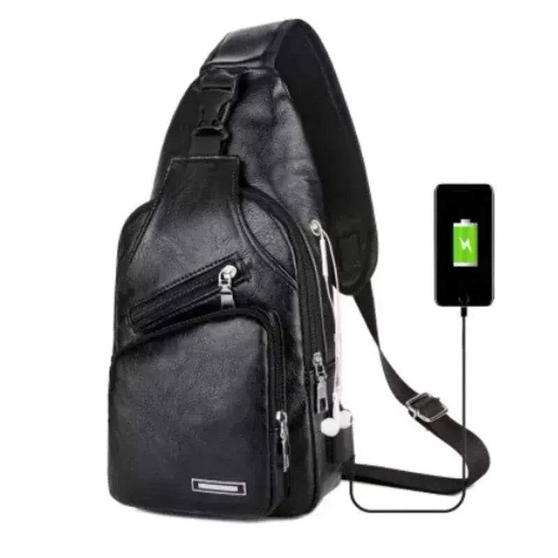 Black men's casual crossbody chest bag with a visible USB charging port.