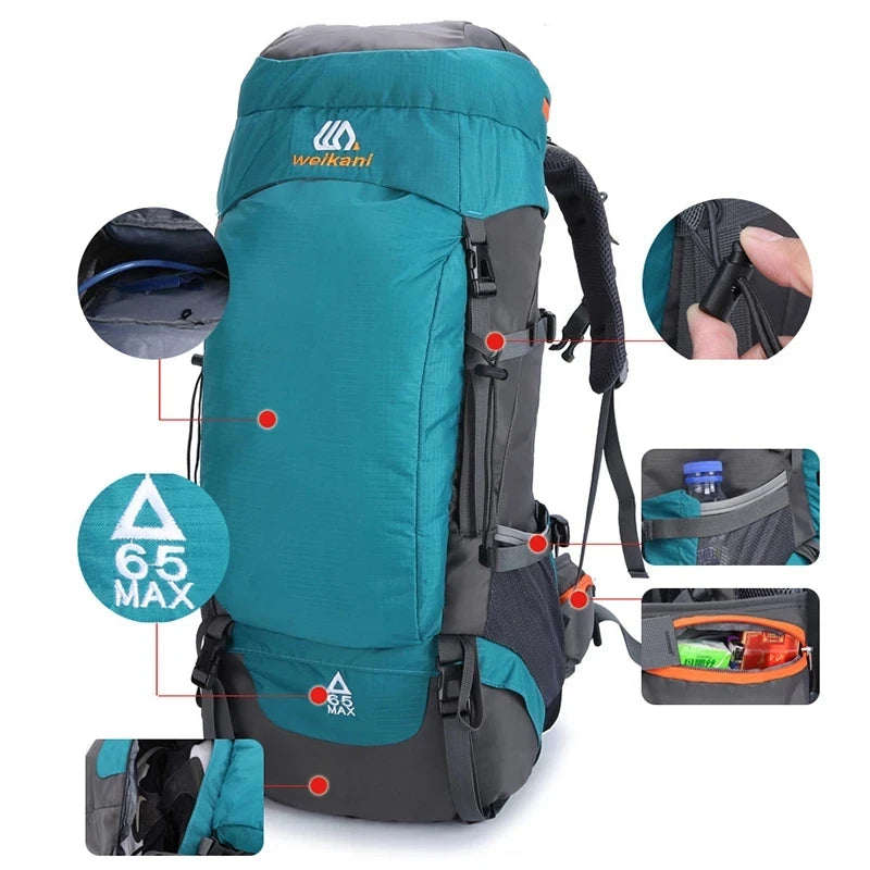 Sac à dos d'escalade imperméable bleu sarcelle et noir avec sangles réglables et poches de rangement, vue de côté.