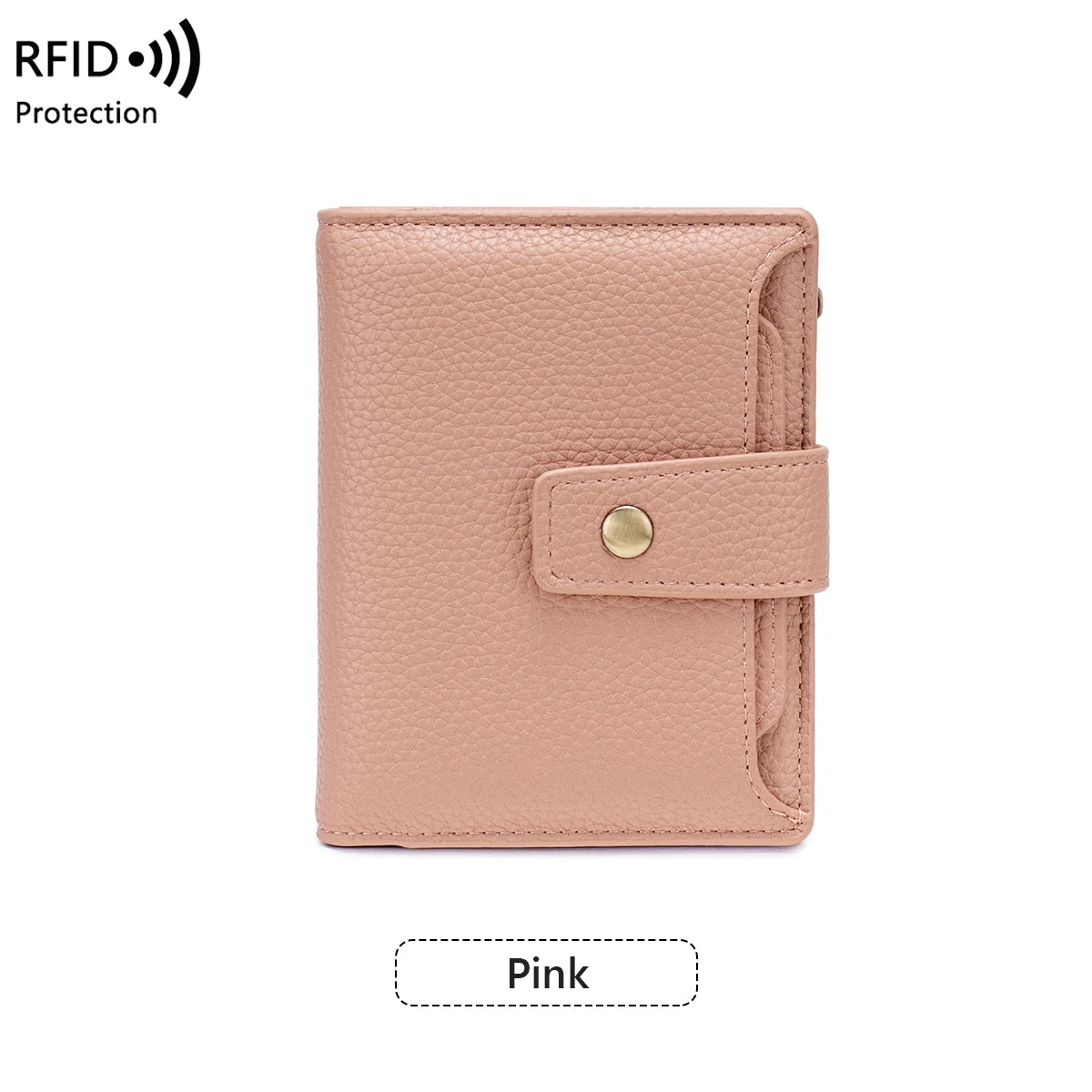 A light pink RFID blocking bi-fold card holder wallet.