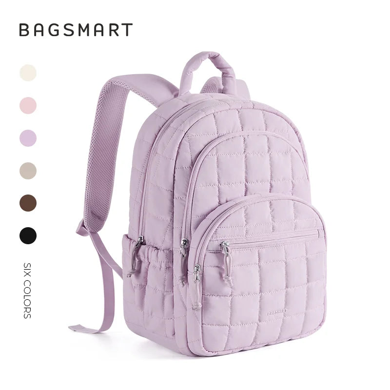 A light purple quilted casual backpack with a purple strap and multiple pockets.